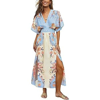 CUPSHE Womens Tropical Floral Maxi Dress V Neck Short Sleeve Smocked Side Slit Dress Summer Vacat... | Amazon (US)