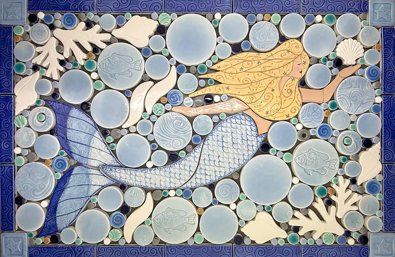 Mermaid Mosaic, Blonde and Blue, Handmade Ceramic Tile Mosaic, Ready to Install - Etsy | Etsy (Global)