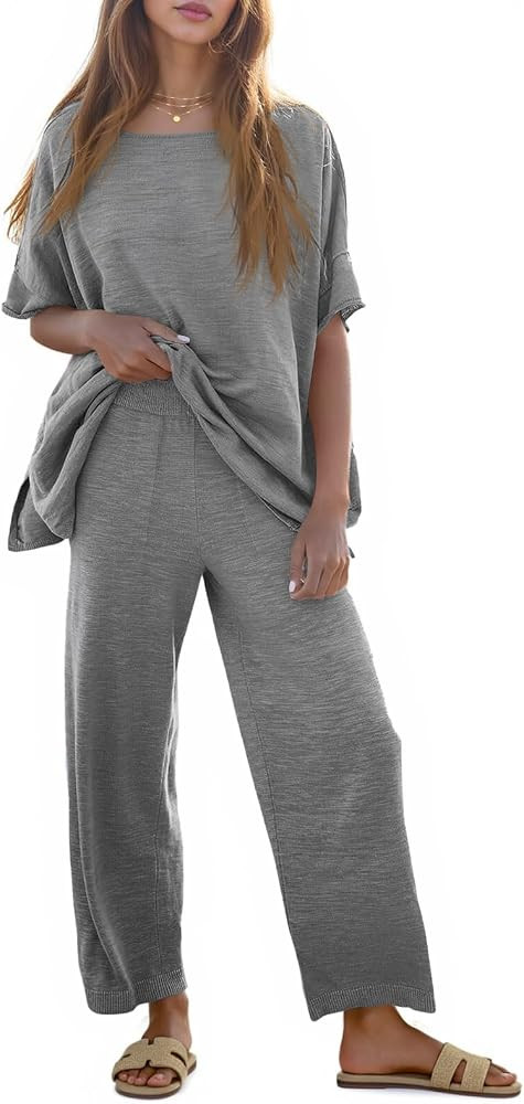 Tankaneo Women's 2 Piece Travel Outfits Casual Short Sleeve Knit Sweater Set Wide Leg Pants Loung... | Amazon (US)