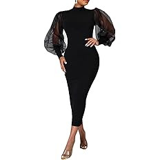 Ekaliy Women's See Through Bodycon Dress Sheer Mesh Long Puff Lantern Sleeve Dress Sexy Club Part... | Amazon (US)