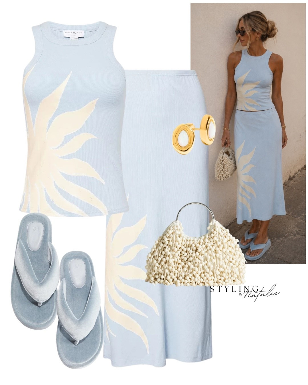 Summer holiday co-ord set 🌞 🩵
Sun print tank top and slip skort matching set, velour puffy sandals, beaded bag and pearl stud earrings.
Baby blue outfit, vacation look, evening outfit date night, casual chic.

#LTKsummer #LTKuk #LTKeurope