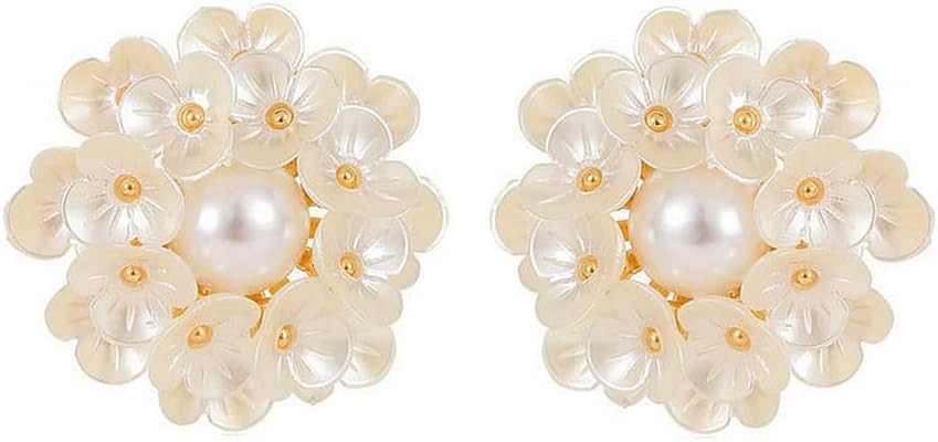 Round Flower Shell Pearl Stud Earrings for Women Girls 925 Sterling Silver Post Pin 14K Gold Plat... | Amazon (US)