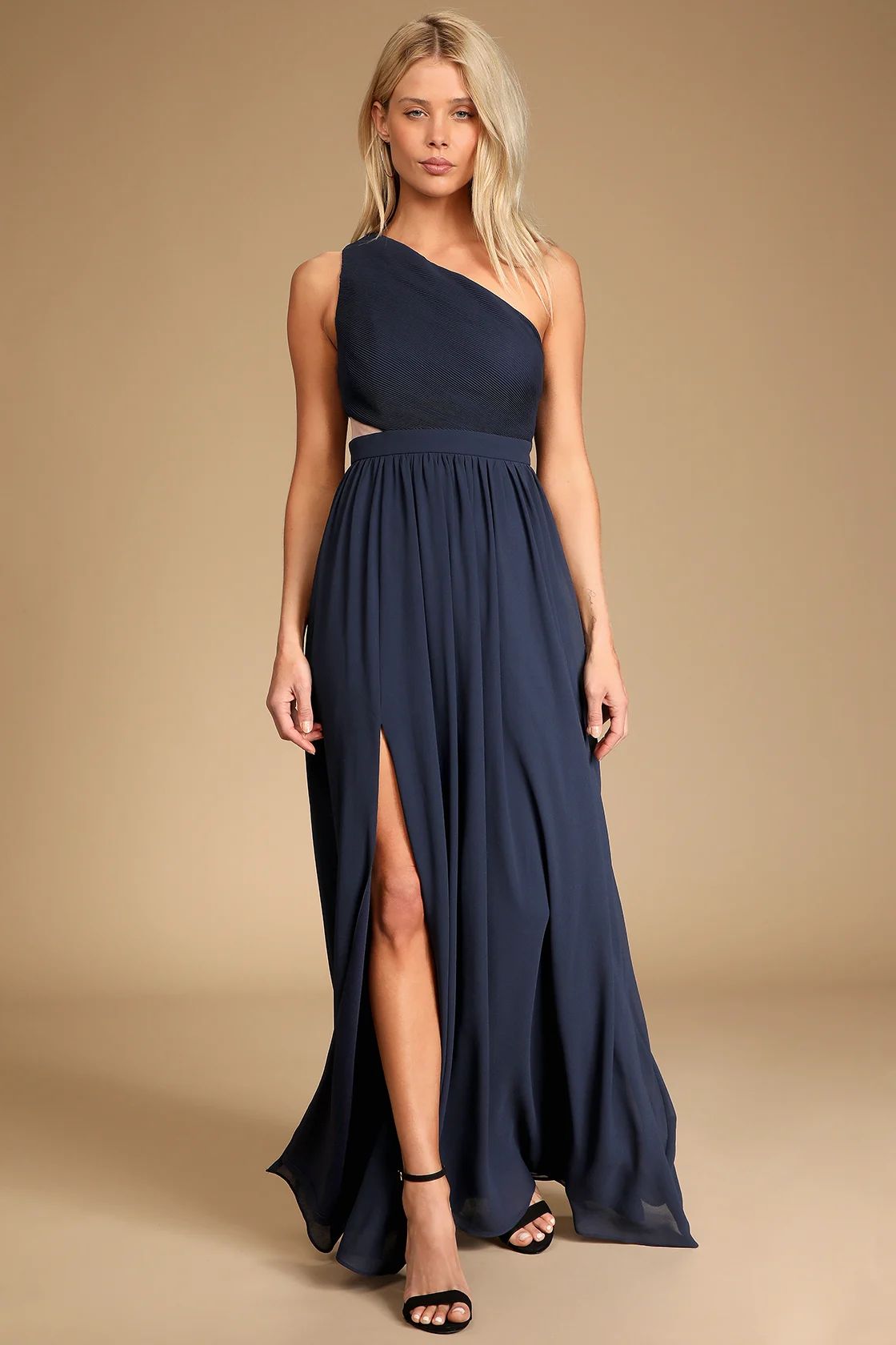 Lovely Endings Navy Blue One-Shoulder Pleated Maxi Dress | Lulus (US)