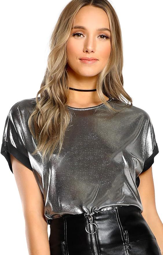 SheIn Women's Casual Short Sleeve T Shirts Metallic Top Crewneck Shiny Tees | Amazon (US)