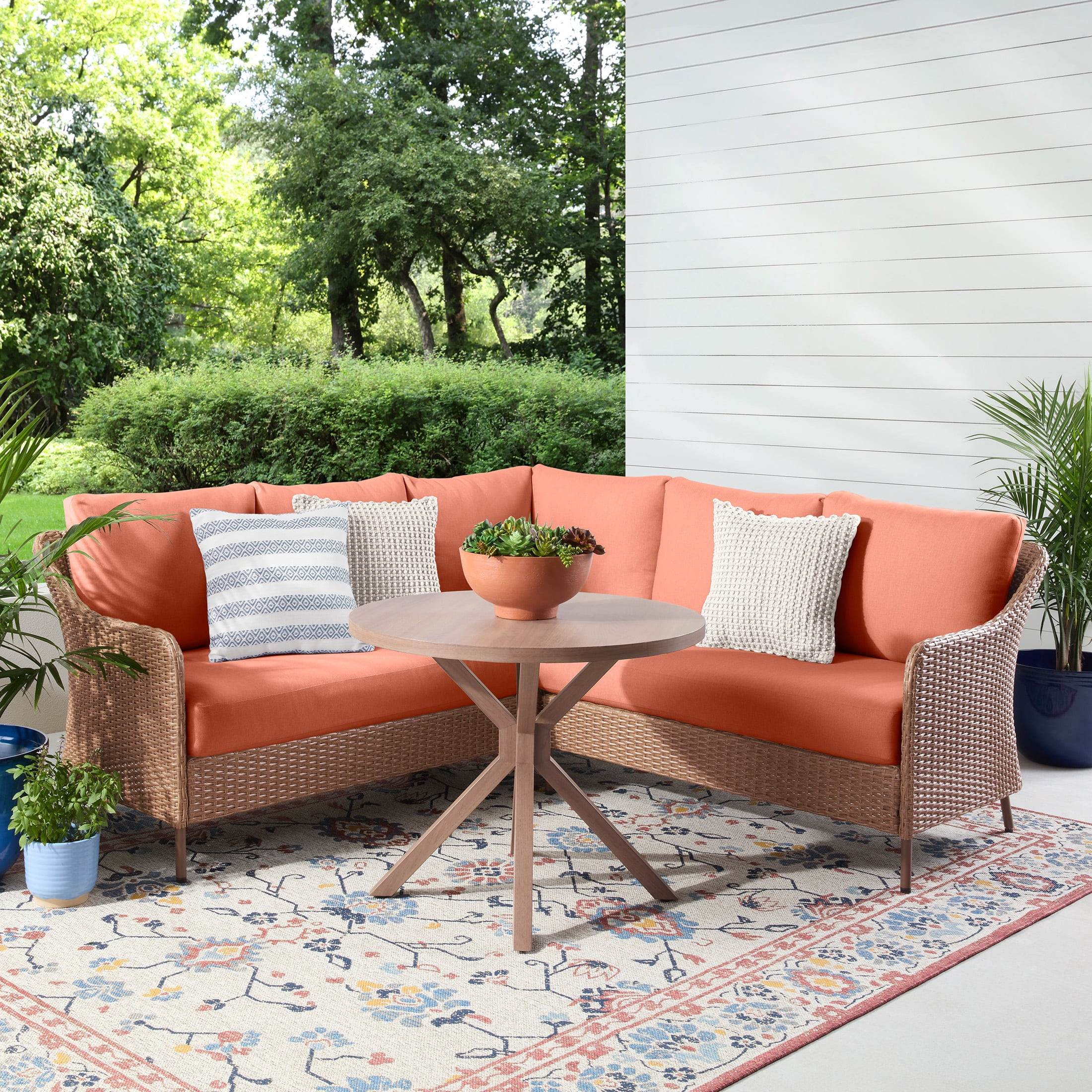 Mainstays Chelsea Outdoor Patio Steel 4-Pieces Sectional Dining Set with Terra Cotta Cushions | Walmart (US)
