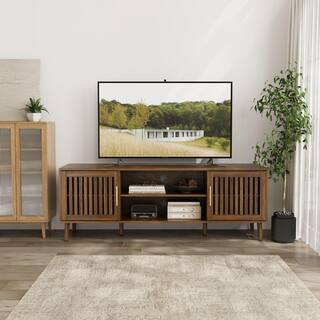Walnut 63 in. Medieval Modern TV Stand w/2 Grille Doors and Adjustable Rack, Solid Wood Feet (Max... | The Home Depot