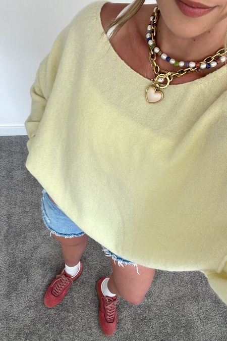 5/3/24 Date night casual outfit 🫶🏼 casual spring outfit, casual spring fashion, casuc outfit ideas, Agolde jeans, Agolde Jean shorts, pir sneakers, alohas sneakers, yellow sweater