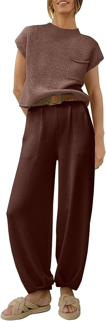 Women's Fashion Two Piece Outfits Sweater Sets Cozy Knit Tops & Casual Pants Tracksuit Lounge Set... | Amazon (US)