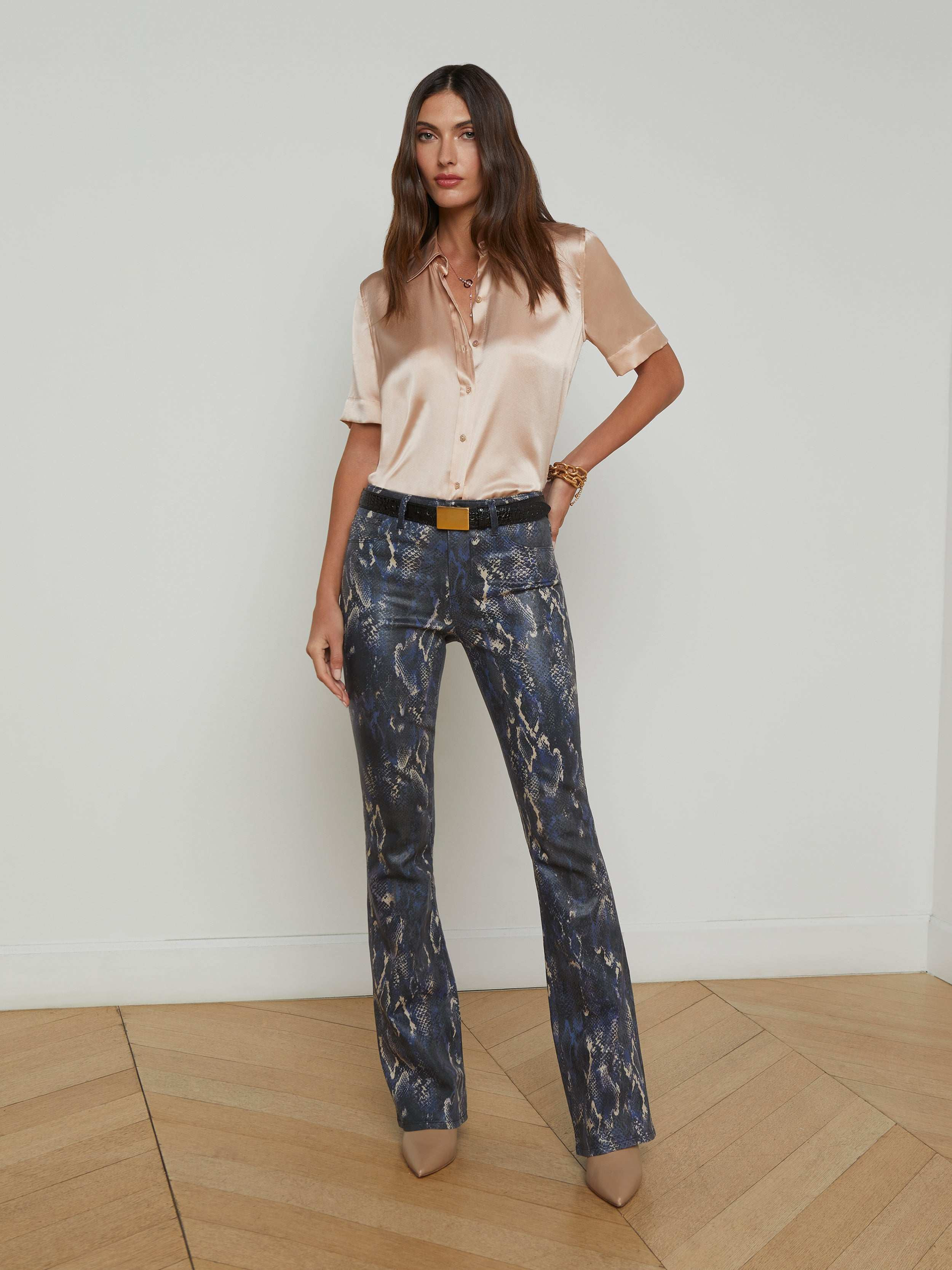 L'AGENCE - Selma Coated Bootcut Jean in Midnight/Tan Snake Coated | L'Agence