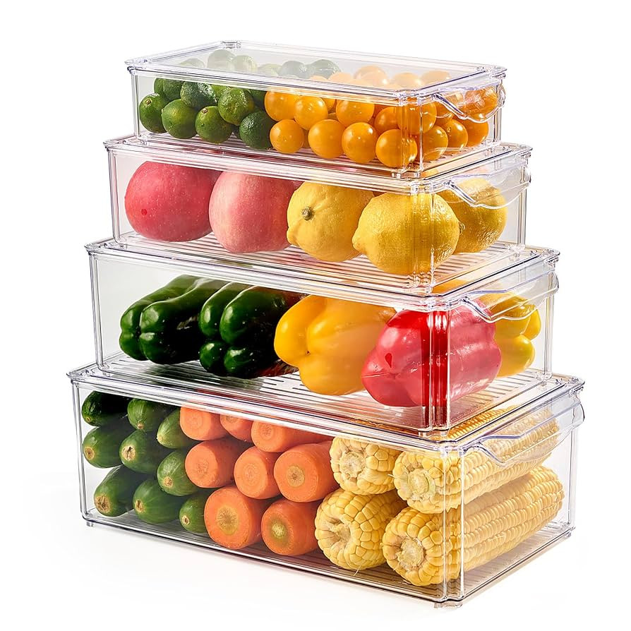 4 Piece Refrigerator Organizer Bins, Clear Fridge Organizers and Storage, Stackable with Lids, Fo... | Amazon (US)