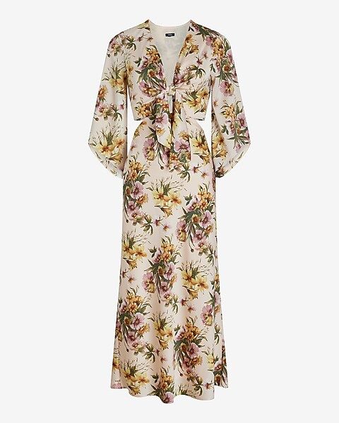 Satin Floral V-Neck Tie Front Cutout Midi Dress | Express