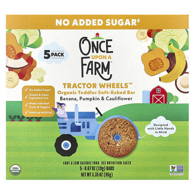 Once Upon A Farm, Tractor Wheels™, Organic Toddler Soft-Baked Bar, Banana, Pumpkin & Cauliflower, 5 Pack, 0.67 oz (19 g) Each | iHerb