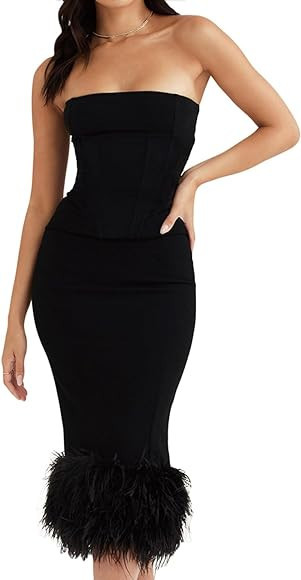 houstil Women's Wedding Guest Dress Feather Sleeveless Mermaid Evening Party Cocktail Bandage Dre... | Amazon (US)