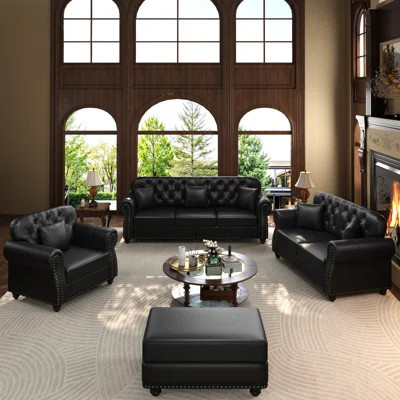 Upholstered Faux Leather Sofa With Nailhead Trim And Rolled Armrests,Mid-Century Modern Chesterfield Sofa With Button Tufted,Includes 6 Pillows,Black | Wayfair North America