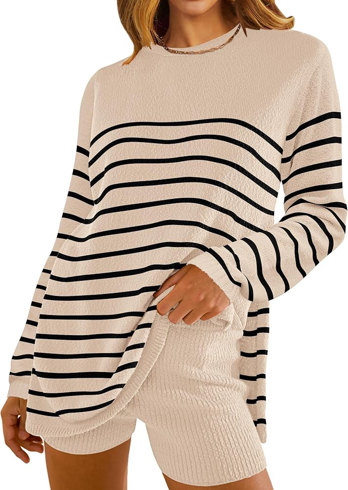 NENONA Women's Striped Sweater Sets Two Piece Knit Outfits Long Sleeve Casual Trendy Tops and Sho... | Amazon (US)