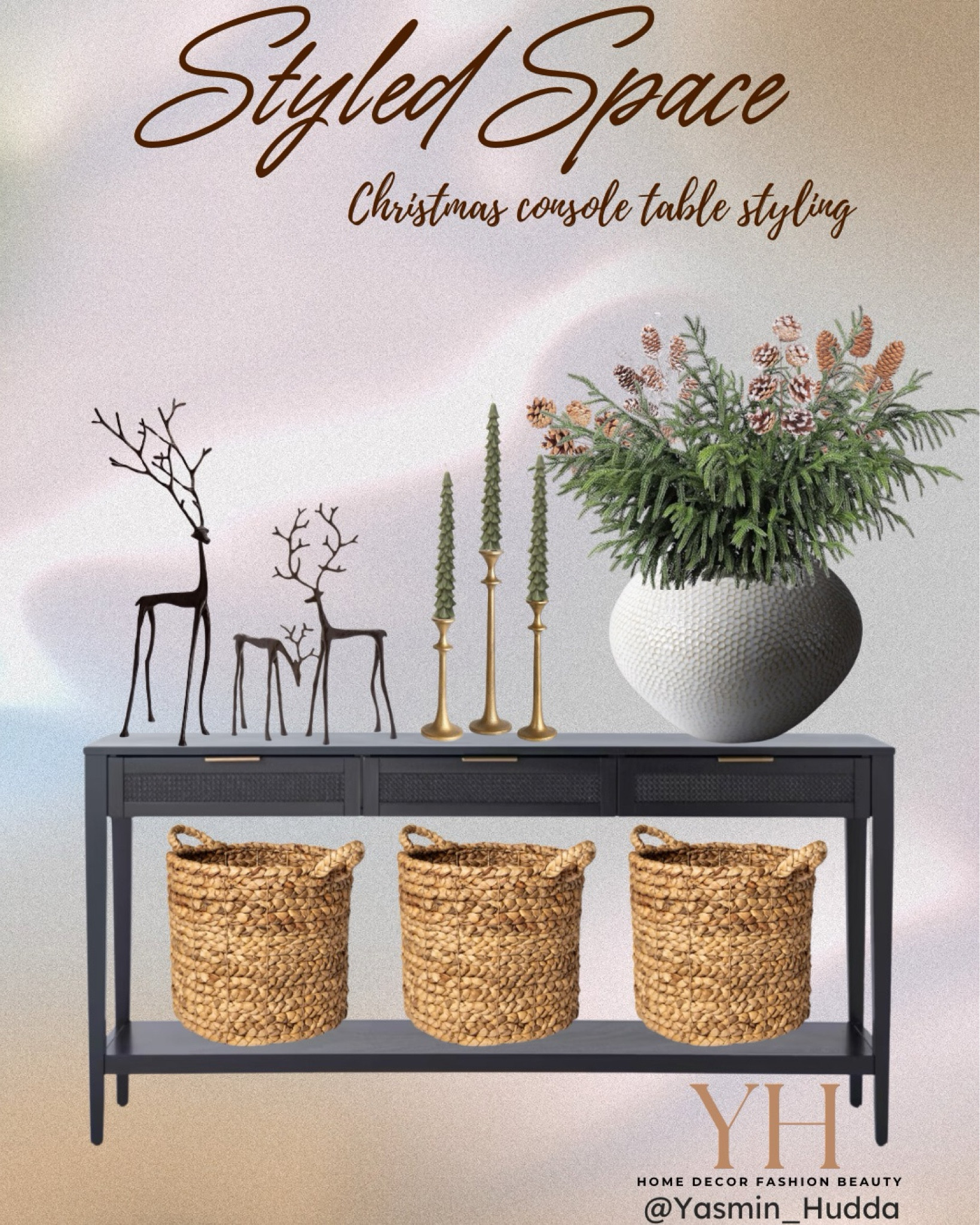 Christmas Console table styling
Studio McGee Console table 
Holiday console table styling
Reindeer 
Tapper tree candle
Woven decorative baskets