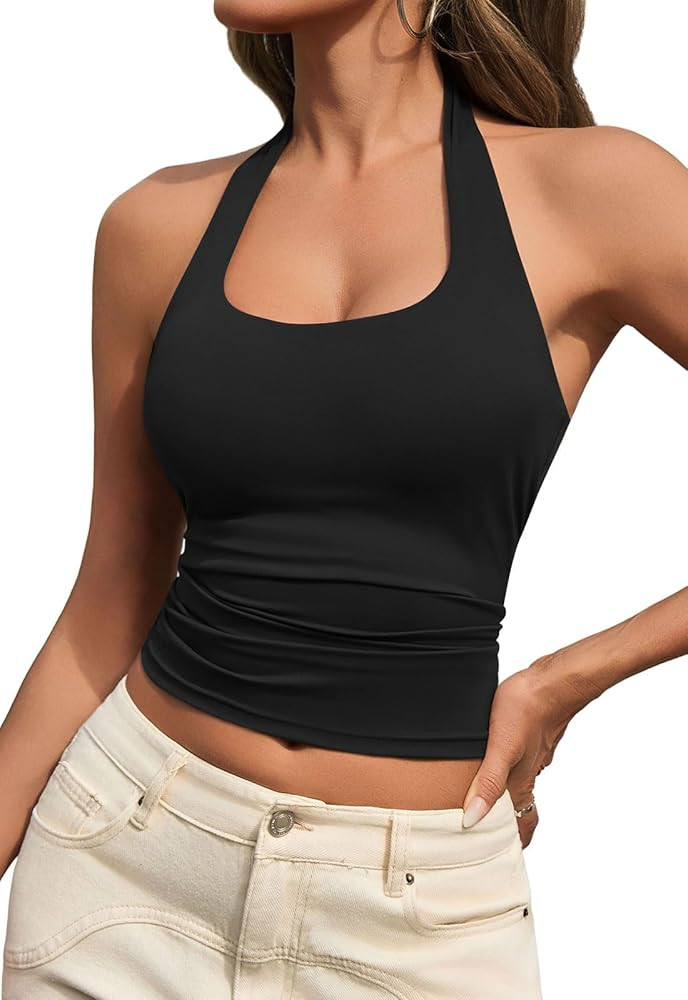 Womens Tank Tops Sexy Halter Neck Going Out Tops Summer 2026 Trendy Backless Workout Shirts Sleev... | Amazon (US)