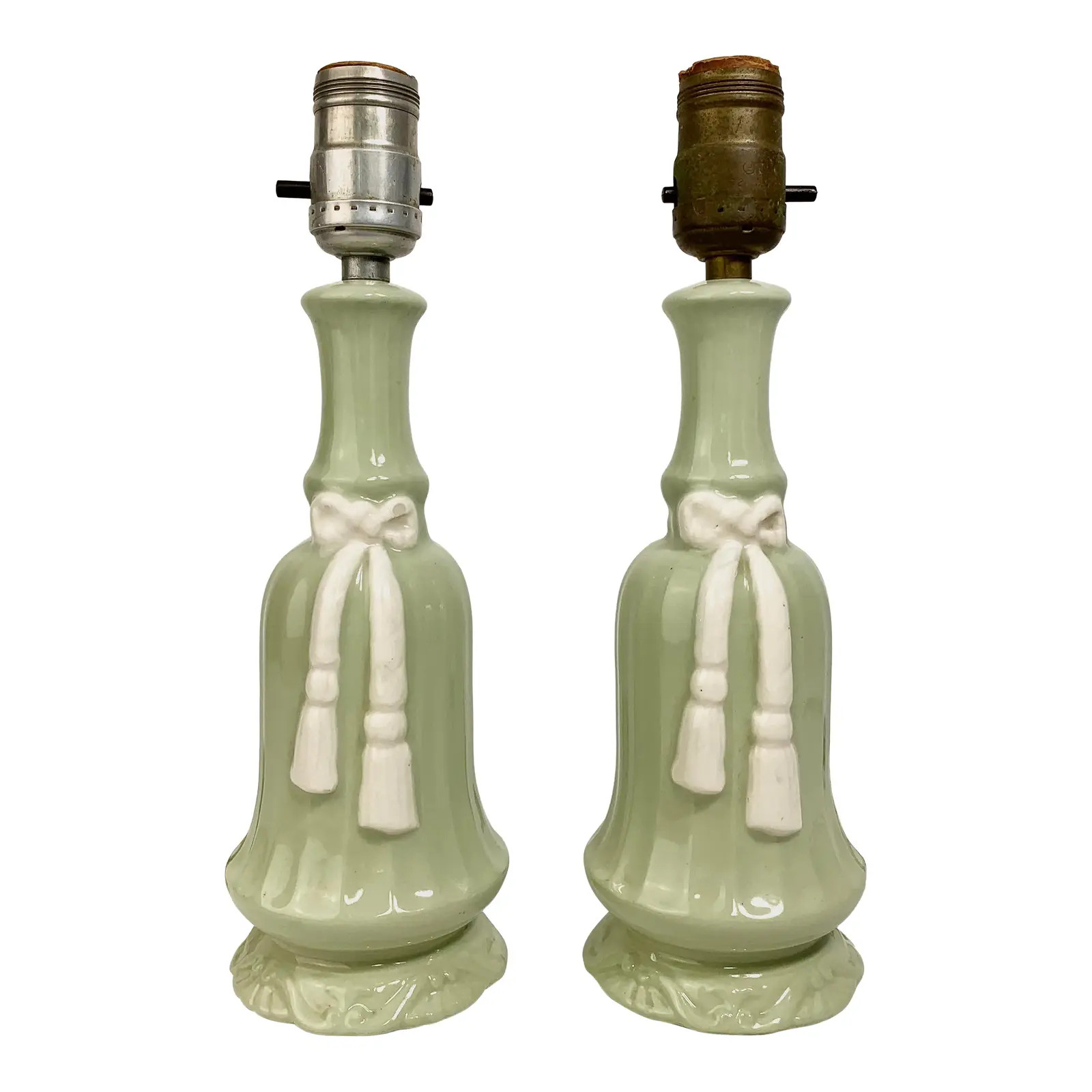 Pair of Vintage Green and White Bow and Tassel Ceramic Table Lamps | Chairish