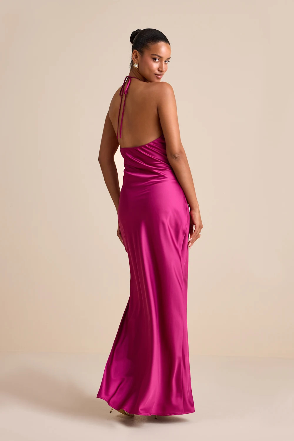 Gracie Magenta Satin Halter Neck Maxi Dress | Lulus