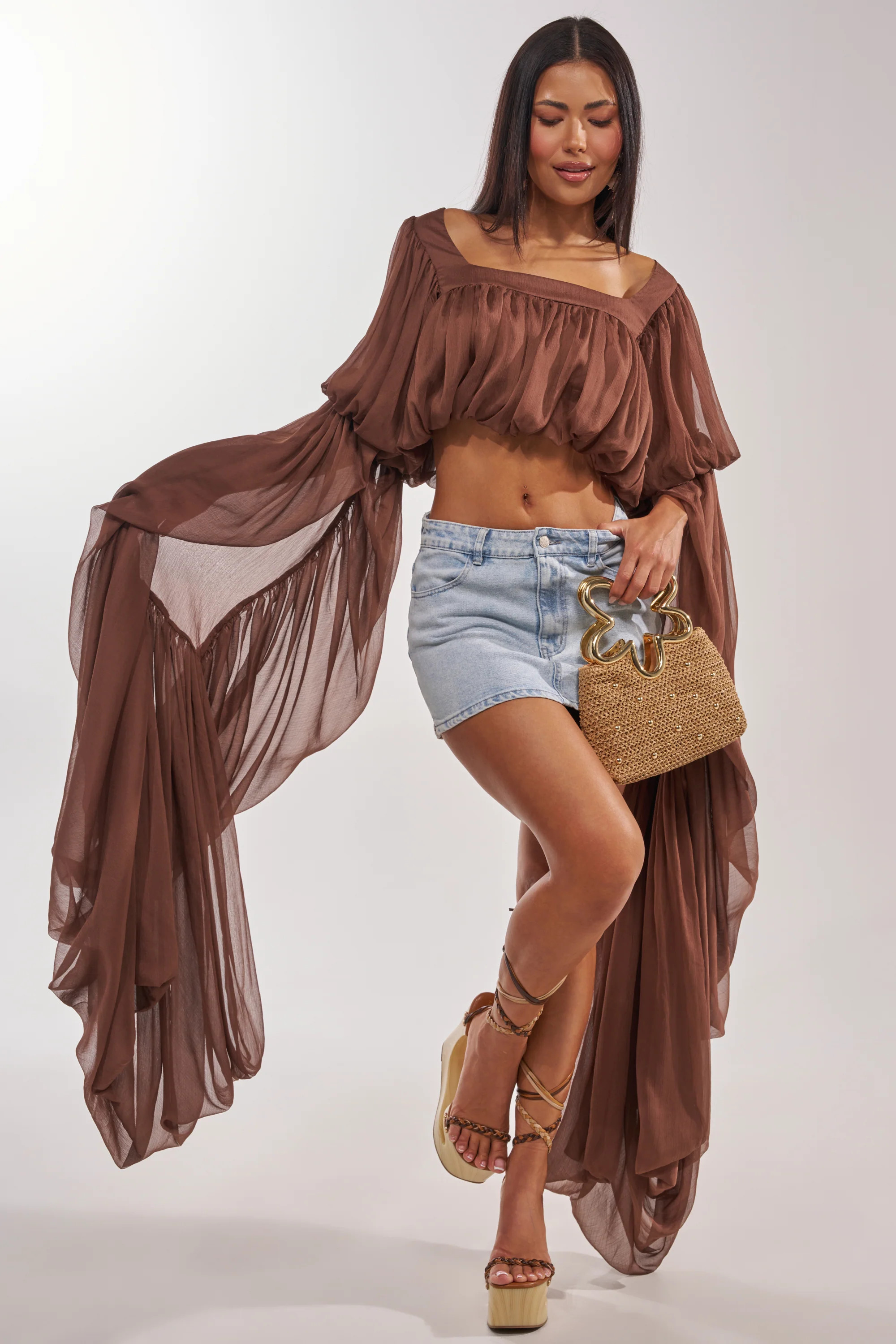 SLOUCHY SQUARE NECK LONG SLEEVE BLOUSE TOP IN BROWN | AKIRA