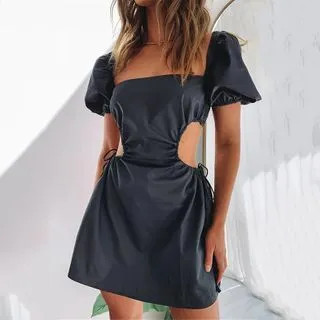 Puff-Sleeve Cutout-Back Tie-Strap Mini A-Line Dress | YesStyle Global