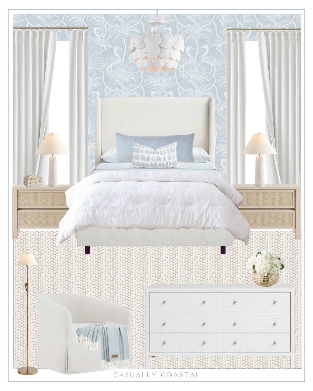 Coastal Primary Bedroom 

Coastal bedroom, neutral rug, bedroom rug, coastal rug, coastal bed, wayfair bed, coastal lamp, coastal nightstand, cane nightstand, Tilly upholstered bed, coastal chandelier, wayfair chandelier, coastal wallpaper, sky blue flamingo wallpaper, marble table lamp, wayfair rug, flatweave ivory area rug, 6 drawer dresser, wayfair dresser, pottery barn comforter, coastal bedding, cotton comforter, swivel accent chair, modern barrel chair, metal adjustable reading floor lamp, coastal throw blanket, Belgian flax linen oversized lumbar sham, Etsy pillow cover, coastal pillow cover, shell jewelry box, seagrass vase, white hydrangeas, white pinch pleated full blackout curtains, Amazon curtains, Serena & lily chair

#LTKHome