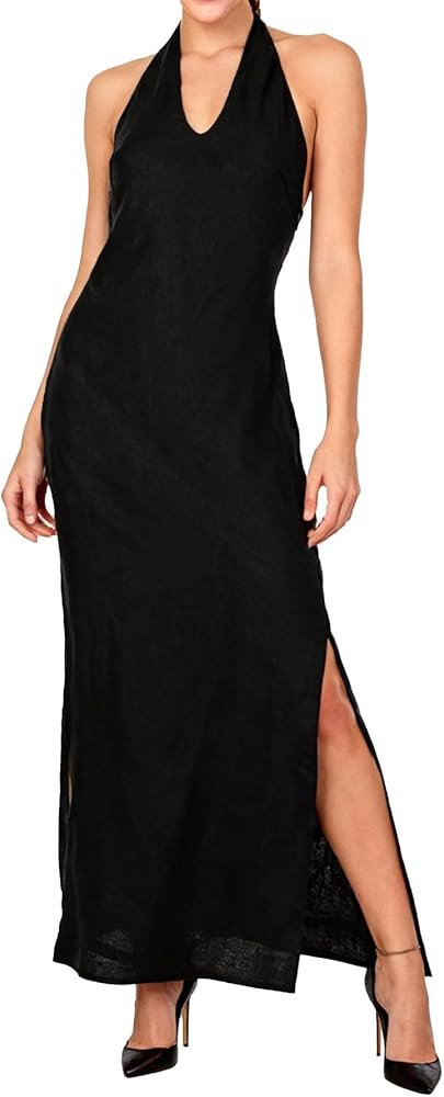 Amazhiyu Women's Linen Summer Splits Bodycon Maxi Dress Halter Backless Dresses | Amazon (US)