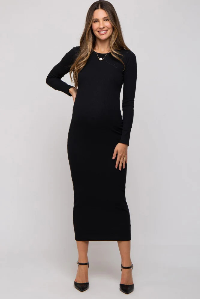 Black Ribbed Fitted Long Sleeve Maternity Midi Dress | PinkBlush Maternity