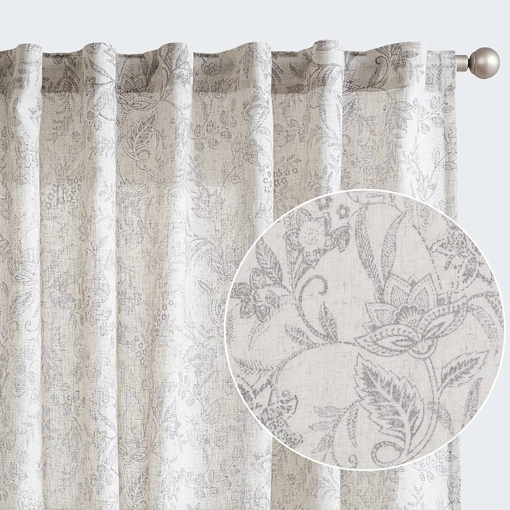 Vangao Farmhouse Linen Curtains 84 Inches Long for Living Room Bedroom Grey Vintage Floral Printe... | Amazon (US)