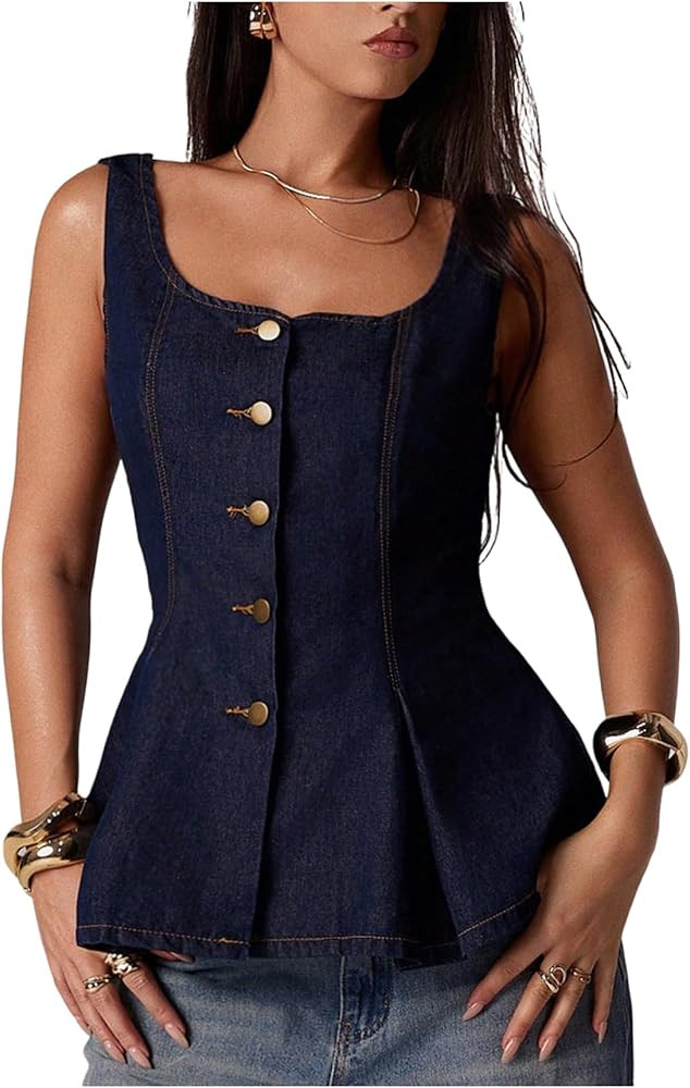 Floerns Women's Y2k Button Up Denim Top Sleeveless Scoop Neck Ruffle Hem Vintage Tank Top | Amazon (US)