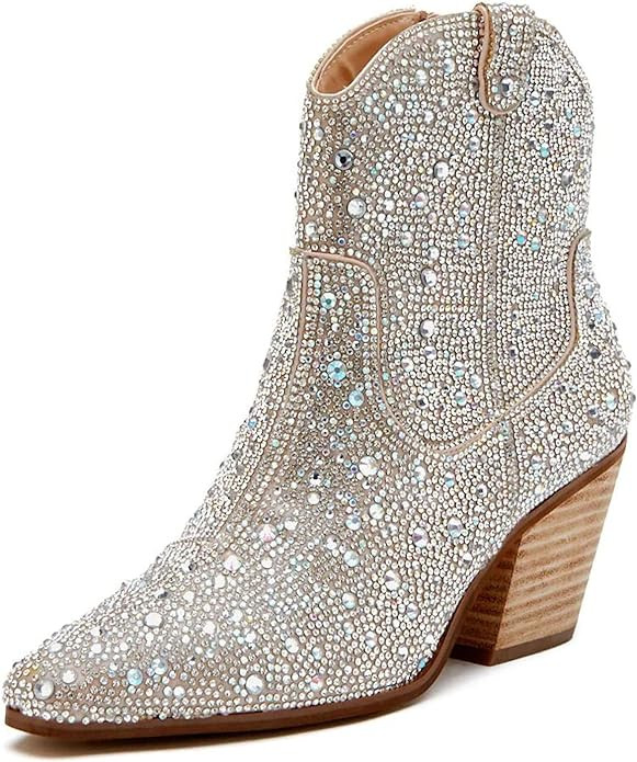 Ouepiano Women's Cowboy Boots Cowgirl Ankle Boots Western Rhinestones Boots Pointed Toe Low Chunk... | Amazon (US)