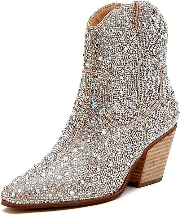 Ouepiano Women's Cowboy Boots Cowgirl Ankle Boots Western Rhinestones Boots Pointed Toe Low Chunk... | Amazon (US)