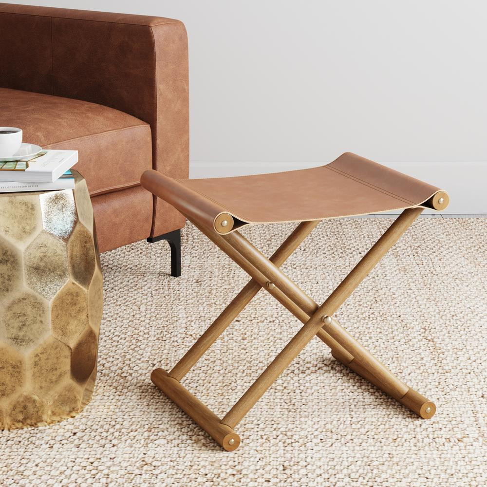 Nathan James Campaign 18 in. Light Brown Solid Wood Frame with Soft Vegan Leather Seat Faux Leath... | The Home Depot
