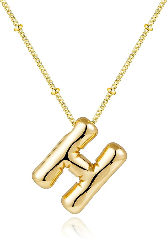 Gold Bubble Letter Necklace for Women, Dainty 14K Plated Balloon Initial Pendant Necklace Trendy ... | Amazon (US)