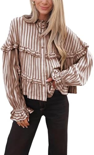 Tanming Womens Striped Button Down Shirts Ruffled Long Sleeve Stand Collar Shirt Dressy Casual Bl... | Amazon (US)