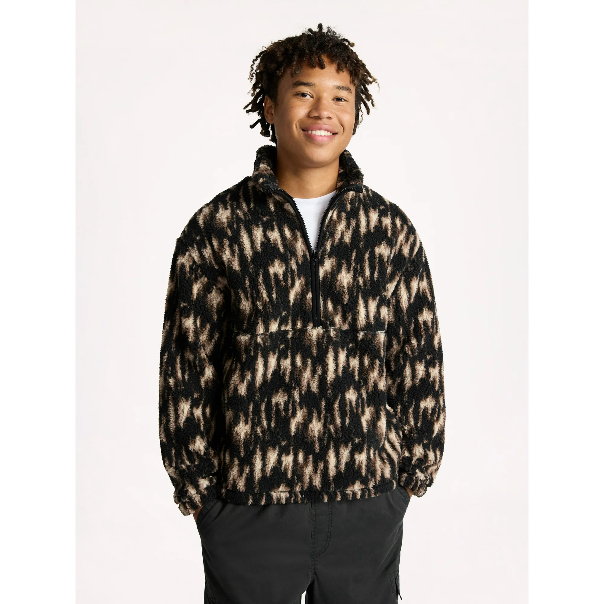 No Boundaries Faux Shearling Quarter Zip Pullover, Men’s | Walmart (US)