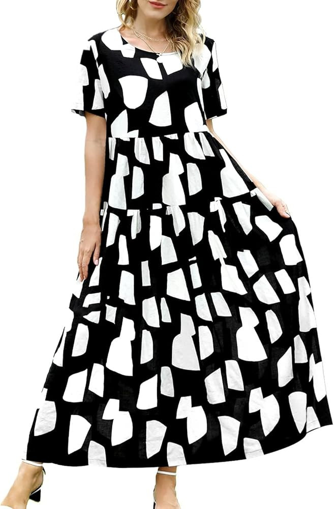 YESNO Women Casual Loose Bohemian Floral Dress with Pockets Short Sleeve Long Maxi Summer Beach S... | Amazon (US)