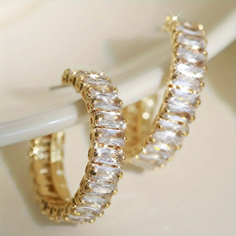 Golden C Shape Full Sparkling Zircon Decor Hoop Earrings - Temu | Temu Affiliate Program