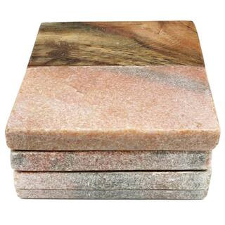4-Piece Pink Marble and Wood Coasters, Multi | The Home Depot