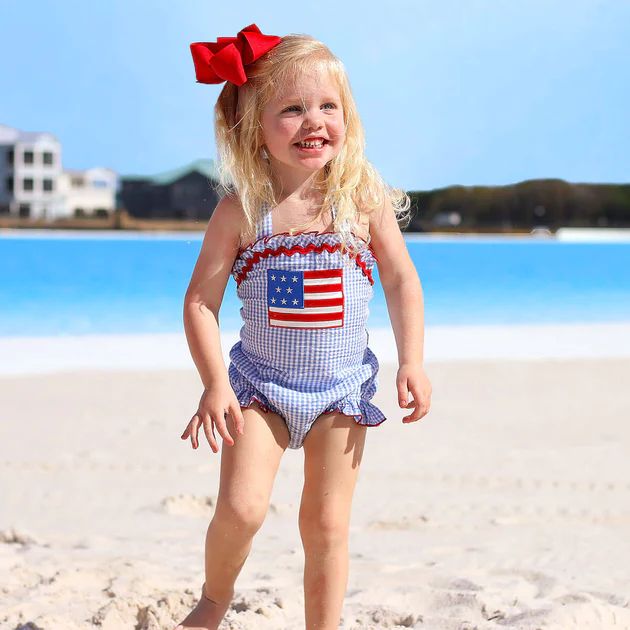 Blue Gingham Seersucker Flag One Piece | Classic Whimsy
