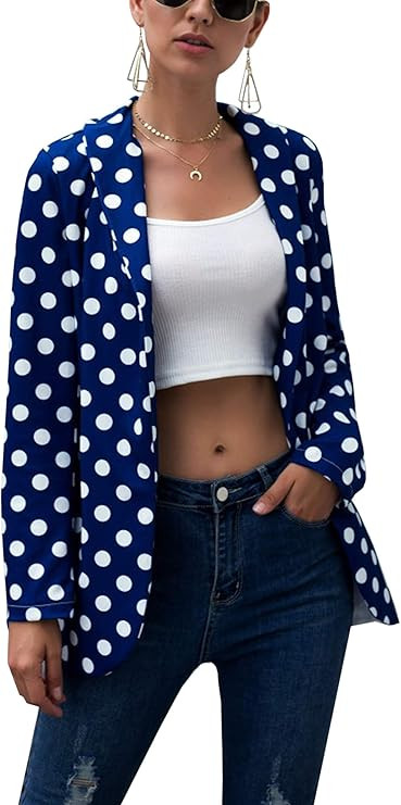 Hibluco Womens Long Sleeve Open Front Blazer Lapel Cardigan Jacket Polka Dot Printed Outwear | Amazon (US)
