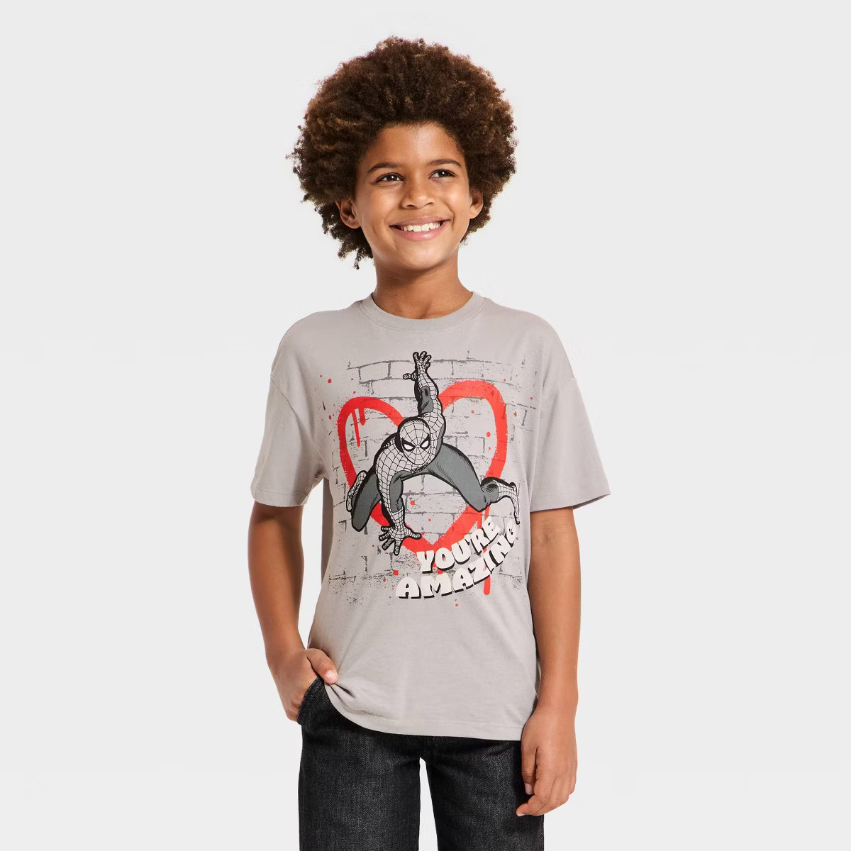 Boys' Spider-Man 'You're Amazing' Valentine's Day Short Sleeve Graphic T-Shirt - Gray | Target