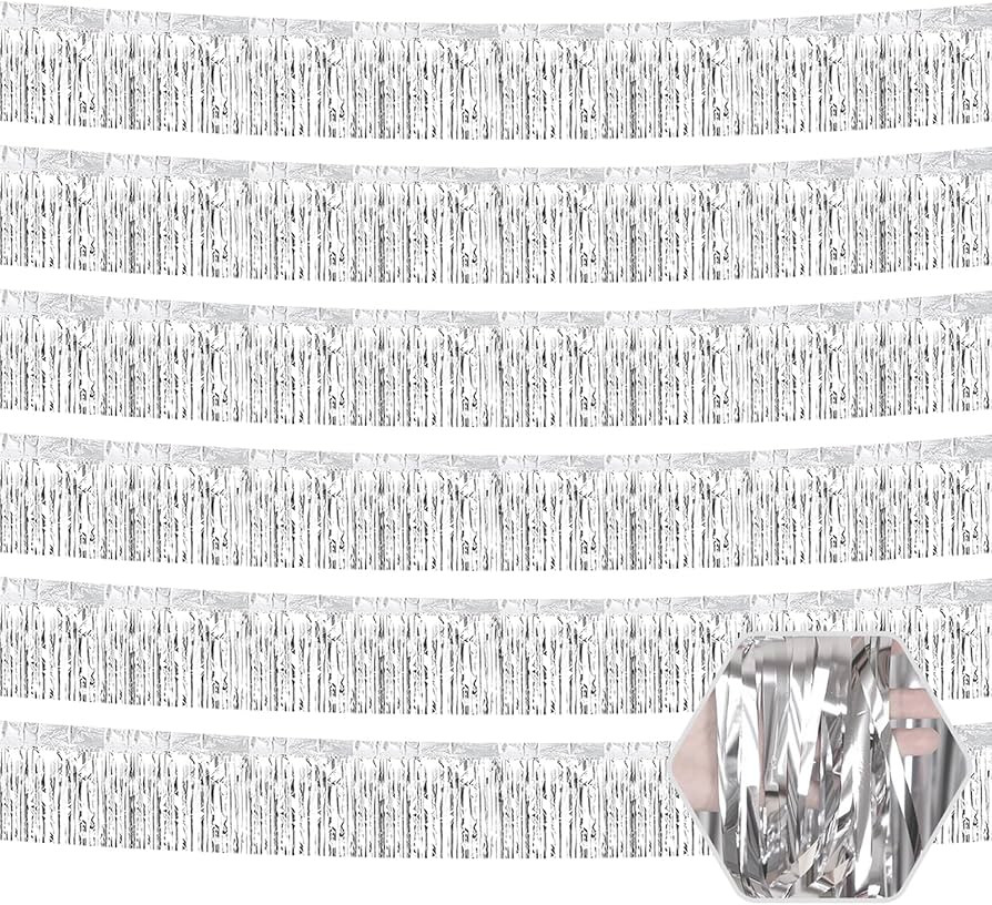 6 Pack 10 Feet Silver Foil Fringe Garland Metallic Tinsel Streamers Banner Wall Hanging Curtain B... | Amazon (US)