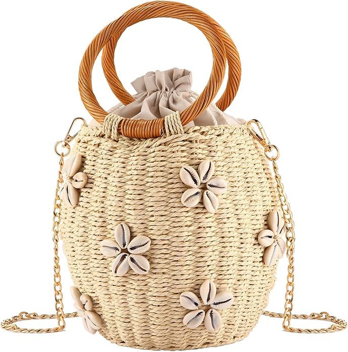 Woman Shell Flower Straw Bucket Bag Rattan Tote Bag Summer Beach Drawstring Straw Woven Handbag | Amazon (US)
