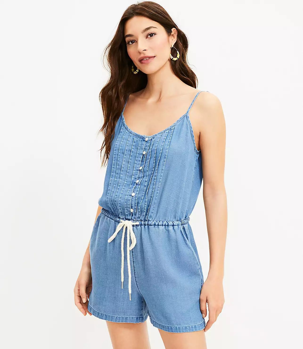 Chambray Pintucked Strappy Romper | LOFT