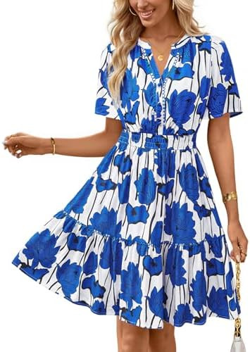 MEROKEETY Women's 2026 Spring Summer Floral Dress V Neck Short Sleeve Button A Line Boho Beach Fl... | Amazon (US)