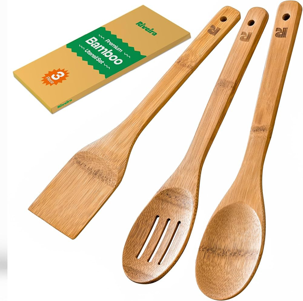Riveira Dark Bamboo Wooden Spoons for Cooking 3-Piece, Apartment Essentials Wood Spatula Spoon No... | Amazon (US)