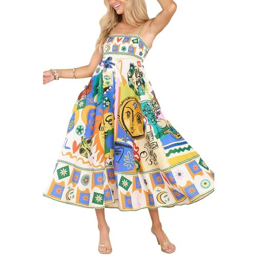 HXHYQKP Sundresses for Women 2025 Spaghetti Strap Graffiti Maxi Dress Graphic A Line Swing Long Cami Dresses | Amazon (US)