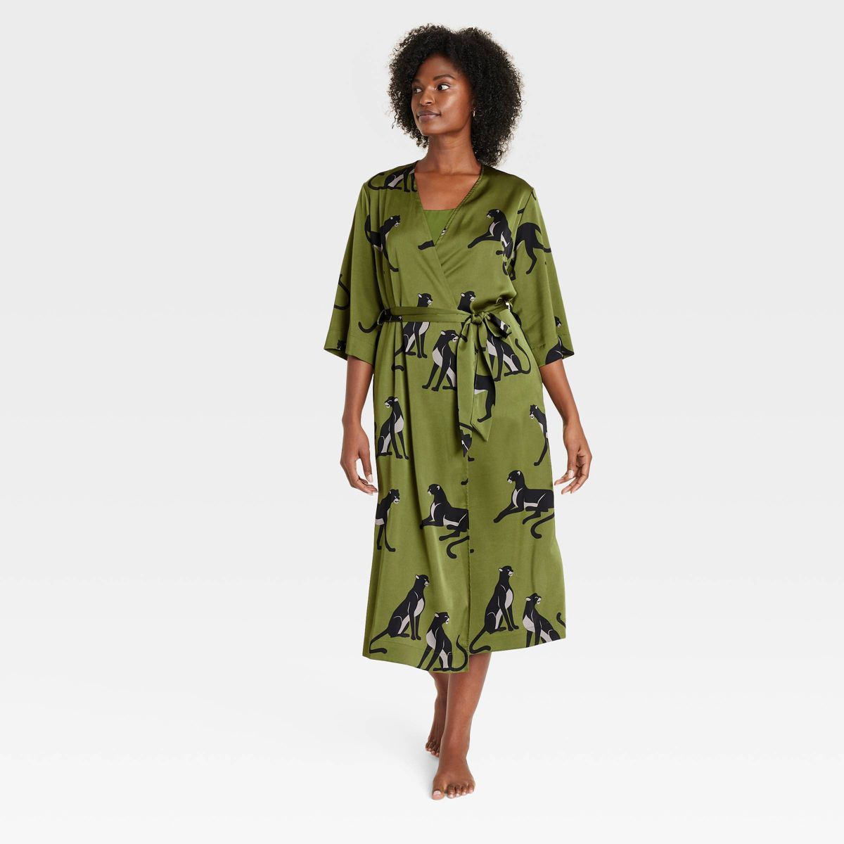 Women's Satin Robe - Auden™ Green/Panther | Target