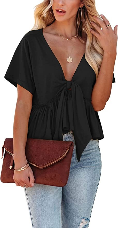 Fanway&EC Women's Short Sleeve V Neck Blouses Ruffle Hem Tie Front Crop Tops Lightweight Basic Su... | Amazon (US)